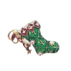 Green Red Enamel Christmas Stocking Pin Brooch
